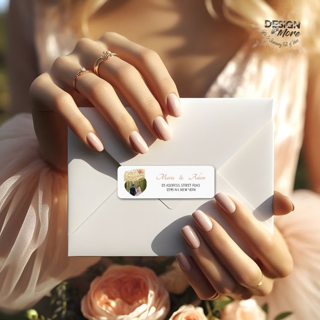 Elegant Blush Dahlias Golden Script Wedding Photo Returadress Etikett (Skapare uppladdad)
