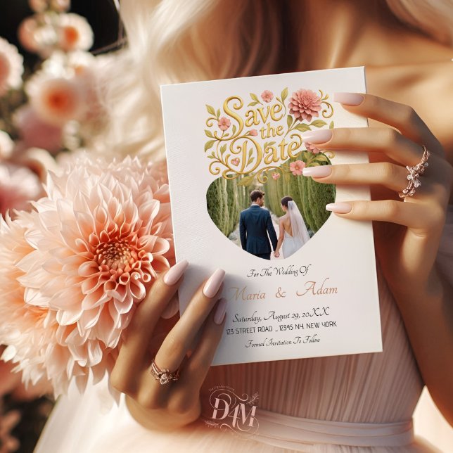 Elegant Blush Dahlias Golden Script Wedding Photo Spara Datumet (Skapare uppladdad)