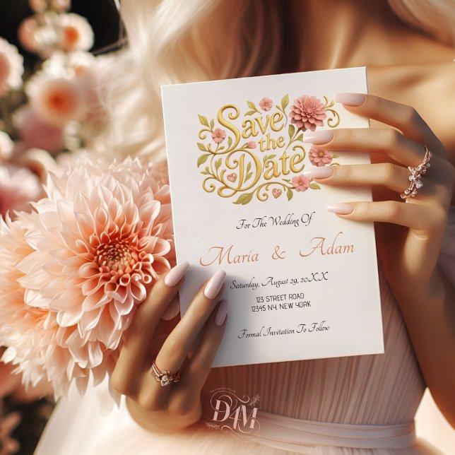 Elegant Blush Dahlias Golden Script Wedding Photo  Spara Datumet (Skapare uppladdad)