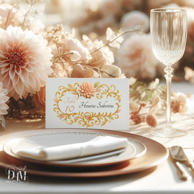 Elegant Blush Dahlias Golden Script Wedding Placeringskort (Skapare uppladdad)