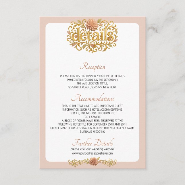 Elegant Blush Dahlias Golden Script Wedding Tilläggskort (Framsida)