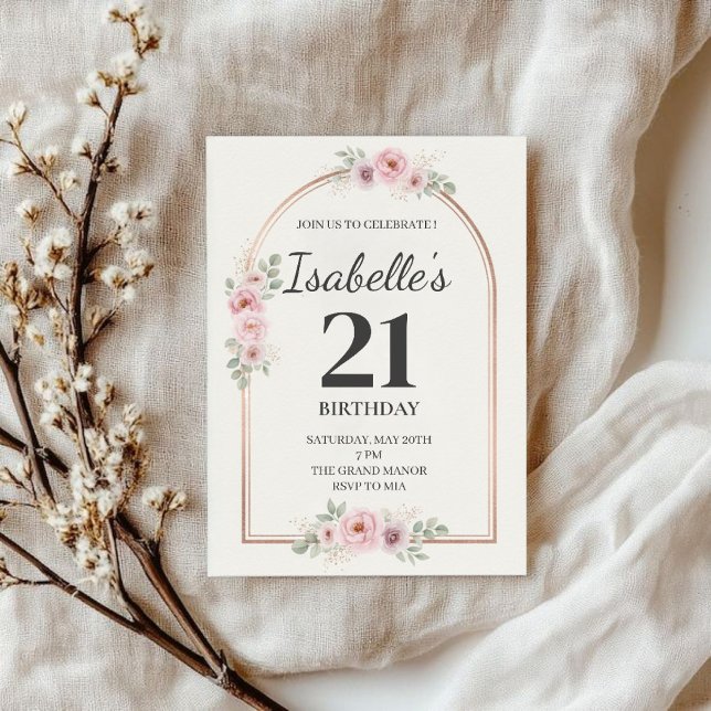 Elegant Blush Floral Arch 21st Birthday Invitation Inbjudningar (Skapare uppladdad)