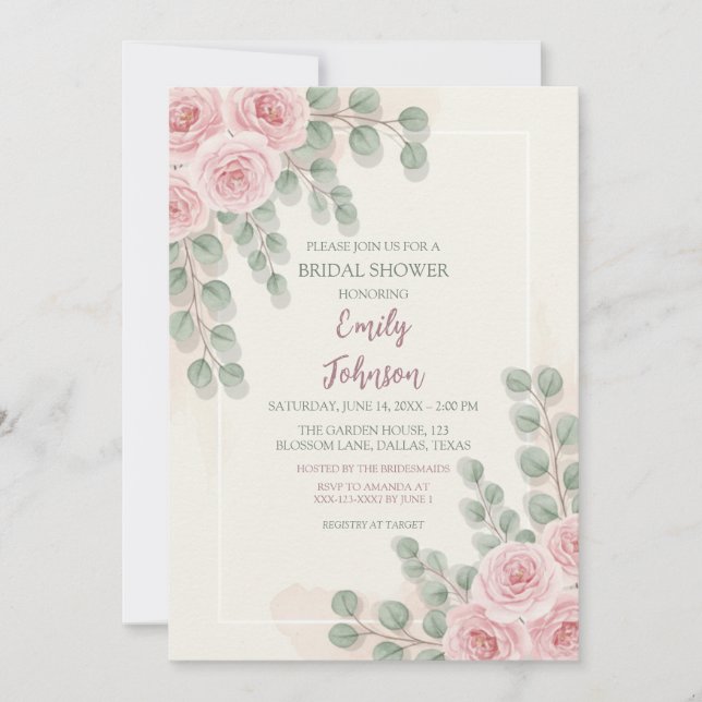 Elegant Blush Floral Bridal Shower Invitation Card Inbjudningar (Framsida)
