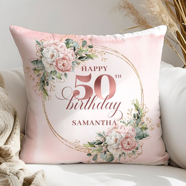 Elegant Blush Floral Greenery 50th Pillow Gift Kudde (Elegant Blush Floral Greenery 50th Pillow Gift)