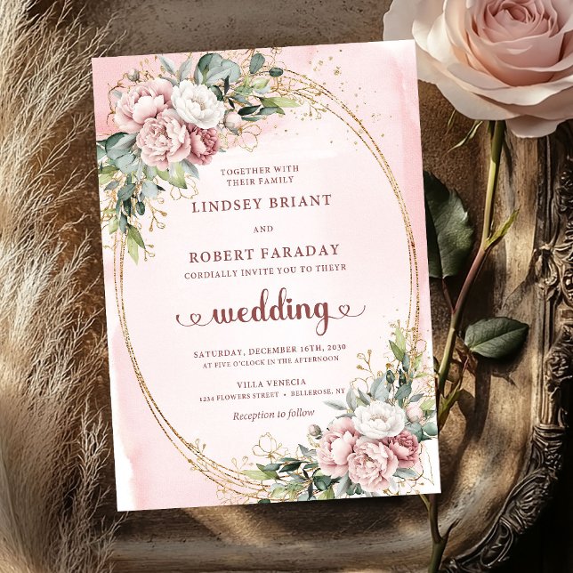 Elegant Blush Floral Greenery Rose Gold Wedding  Inbjudningar (Elegant Blush Floral Greenery Rose Gold Wedding Invite)