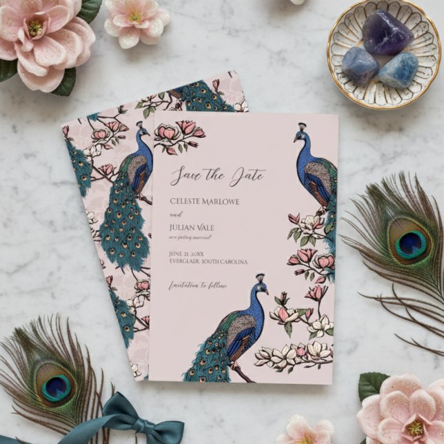 Elegant Blush Floral Peacock Wedding Spara Datumet (Pink Peacock Save the Dates for Modern Bird Wedding. Vintage Floral Peacock Chinoiserie Engagement )