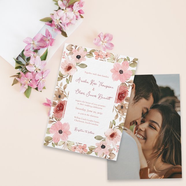 Elegant Blush Floral Photo Wedding Invitation Inbjudningar (Elegant Blush Floral Photo Wedding Invitation)