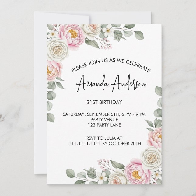 Elegant Blush Floral Watercolor Birthday  Inbjudningar (Framsida)