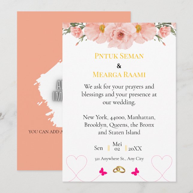 Elegant Blush Floral Wedding Invitation with Gold  Inbjudningar (Fram/baksida)