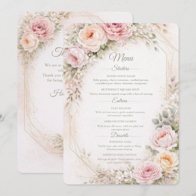 Elegant Blush Floral Wedding Menu Card  Meny (Fram/baksida)
