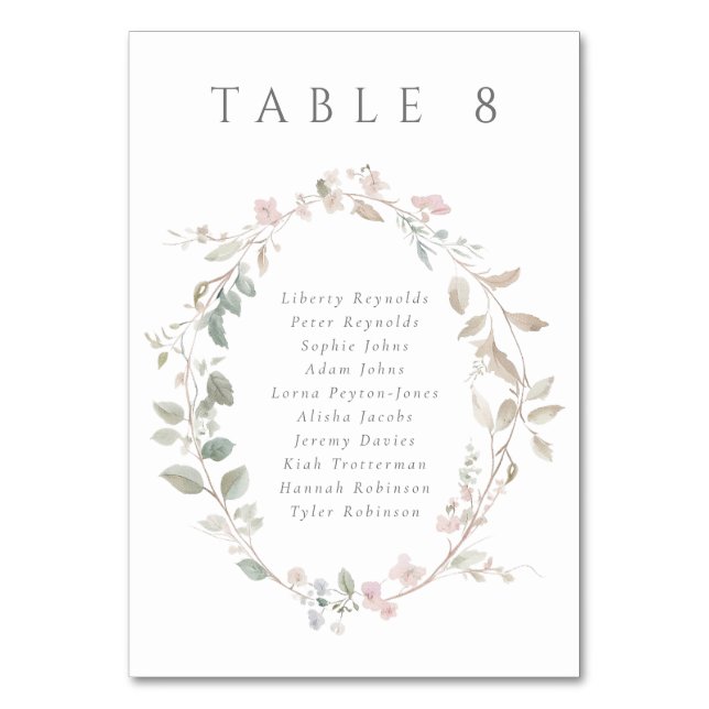 Elegant Blush Floral Wreath Wedding Seating Chart Bordsnummer (Framsidan)