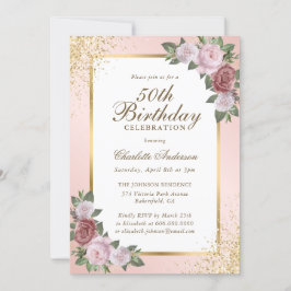 Elegant Blush Gold Confetti Floral 50th Birthday Inbjudningar