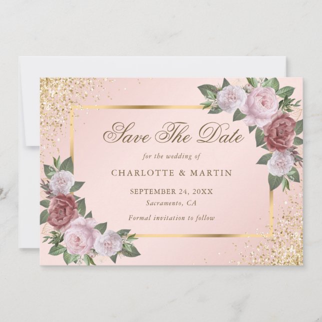 Elegant Blush Gold Confetti Floral Wedding Spara Datumet (Framsida)