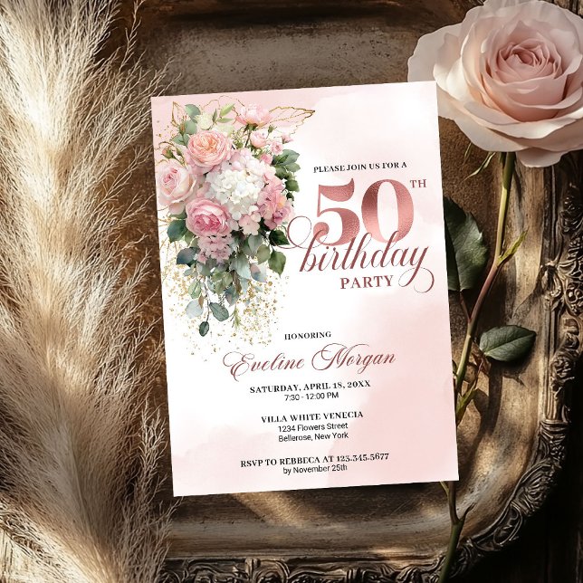 Elegant Blush Greenery Rose Gold 50-årsfirande  Inbjudningar (Elegant Blush Greenery Rose Gold 50th Birthday Invite)