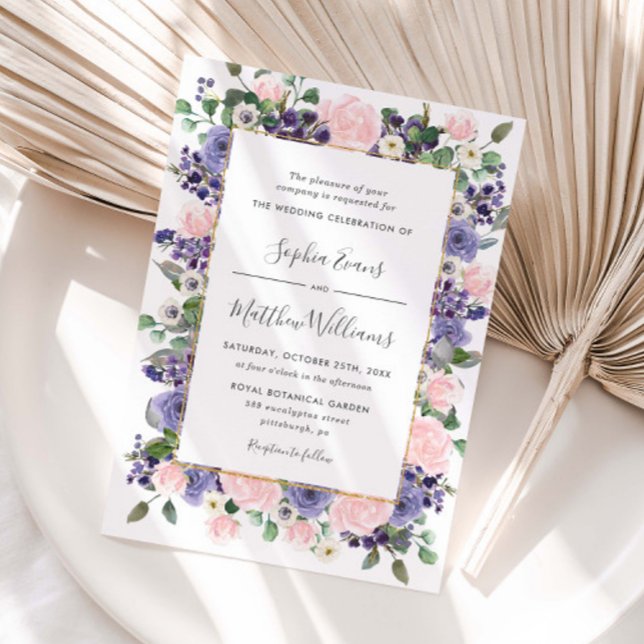 Elegant Blush & Lavender Floral Gold Wedding  Inbjudningar (Elegant Blush & Lavender Floral Wedding Invitation)