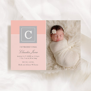 Elegant Blush Monogram Babyflicka Foto Födelse Meddelande