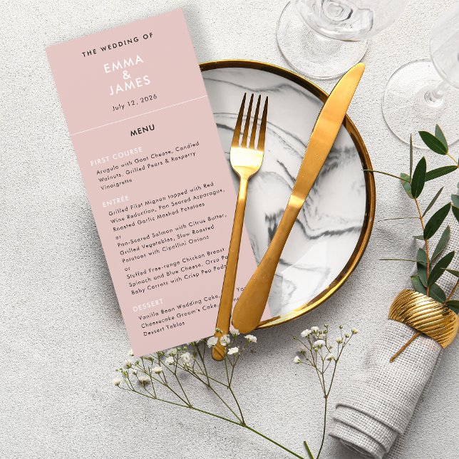 Elegant Blush Omvänd Minimalistisk Et-tecken Bröll Meny (Reverse soft blush menu featuring minimalist type for a modern romantic style.)