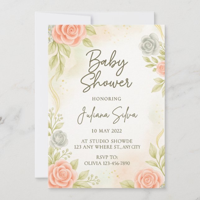 Elegant Blush Peach Floral Baby Shower Invitation  Inbjudningar (Framsida)