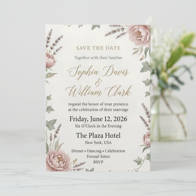 Elegant Blush Peony Bröllop Spara Datumet (Stående Fram)