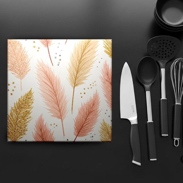 Elegant Blush Pink and Gold Glitter Pampas Grass  Kakelplatta (Skapare uppladdad)