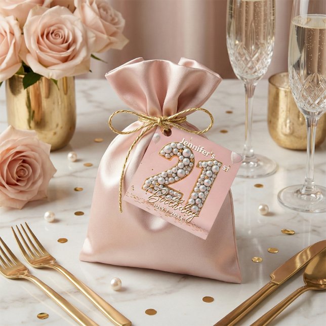 Elegant Blush Pink and Gold Pearls 21st Birthday Gåvor Etiketter (Skapare uppladdad)