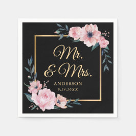 Elegant Blush Pink Black Gold Floral Wedding Pappersservett