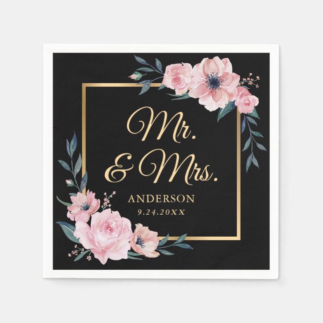 Elegant Blush Pink Black Gold Floral Wedding Pappersservett (Framsidan)
