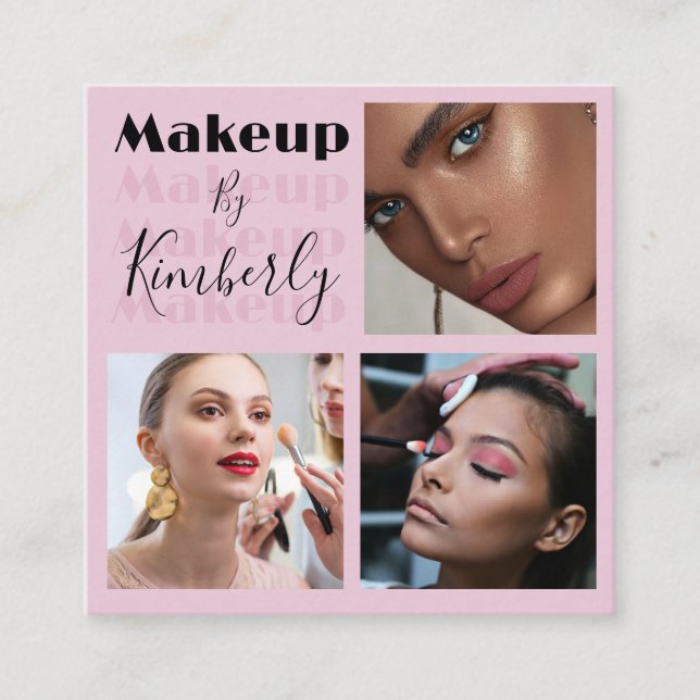 Elegant Blush Pink Black Script 3 Photo Fyrkantigt Visitkort (Framsida)