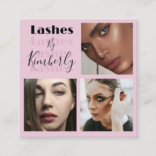 Elegant Blush Pink Black Script 3 Photo Lashes Fyrkantigt Visitkort (Framsida)