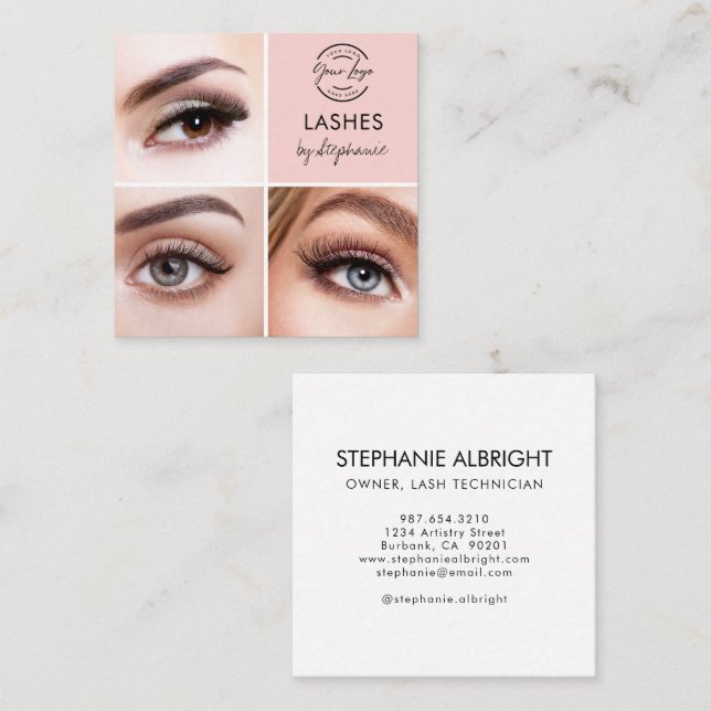 Elegant Blush Pink Black Script 3 Photo Lashes Fyrkantigt Visitkort (Fram/baksida)