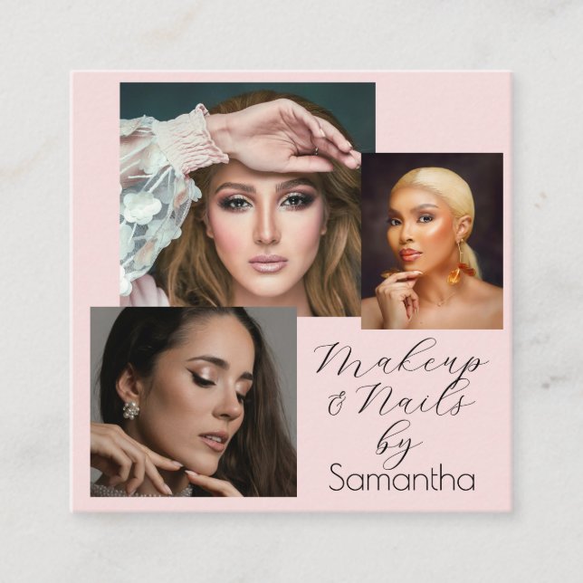 Elegant Blush Pink Black Script 3 Photo Makeup  Fyrkantigt Visitkort (Framsida)