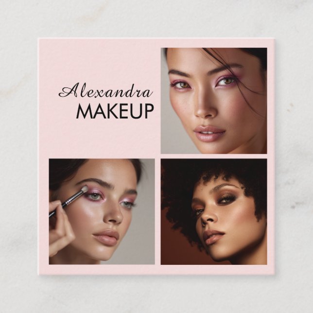 Elegant Blush Pink Black Script 3 Photo Makeup Fyrkantigt Visitkort (Framsida)