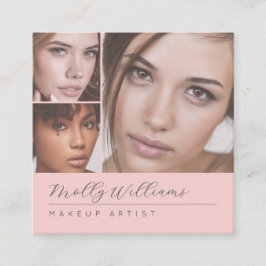 Elegant Blush Pink Black Script 3 Photo Makeup Fyrkantigt Visitkort