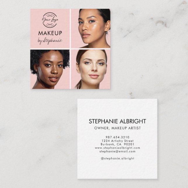 Elegant Blush Pink Black Script 3 Photo Makeup Fyrkantigt Visitkort (Fram/baksida)