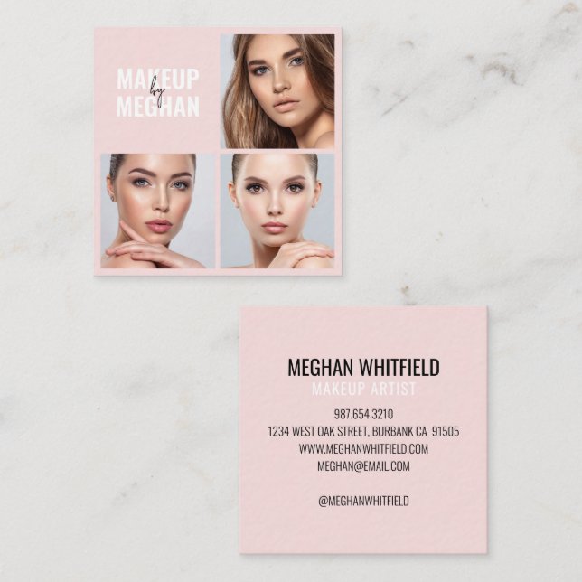 Elegant Blush Pink Black Script 3 Photo Makeup Fyrkantigt Visitkort (Fram/baksida)