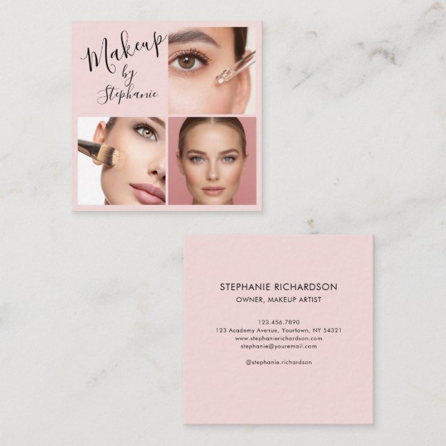 Elegant Blush Pink Black Script 3 Photo Makeup Fyrkantigt Visitkort (Fram/baksida)