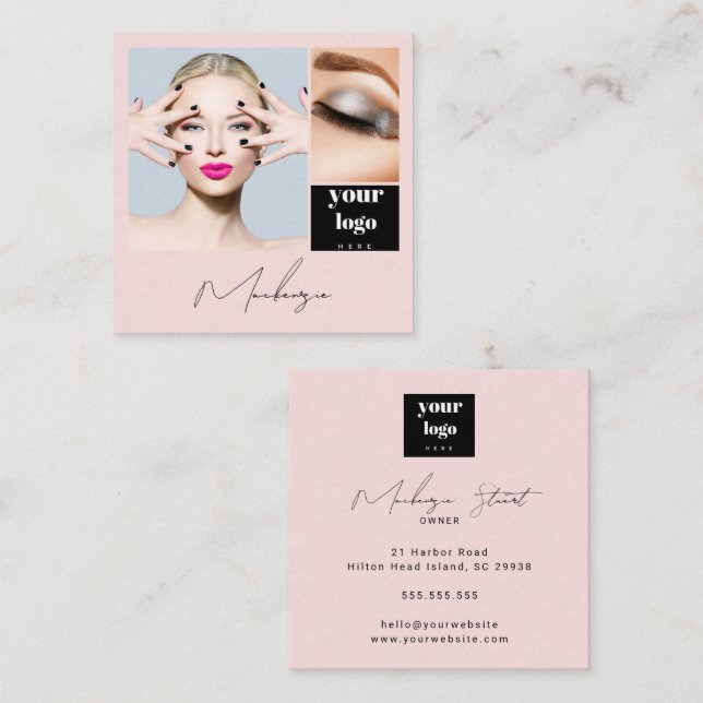 Elegant Blush Pink Black Script 3 Photo Makeup Fyrkantigt Visitkort (Fram/baksida)