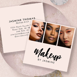 Elegant Blush Pink Black Script 3 Photo Makeup Fyrkantigt Visitkort