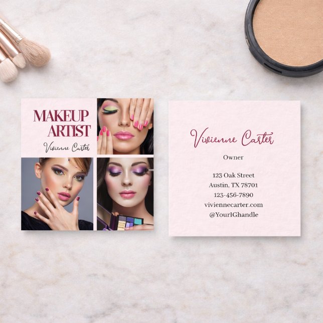 Elegant Blush Pink Black Script 3 Photo Makeup Fyrkantigt Visitkort (Elegant Blush Pink Black Script 3 Photo Makeup Square Business Card)