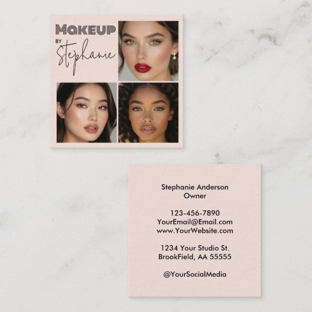 Elegant Blush Pink Black Script 3 Photo Makeup Fyrkantigt Visitkort (Fram/baksida)