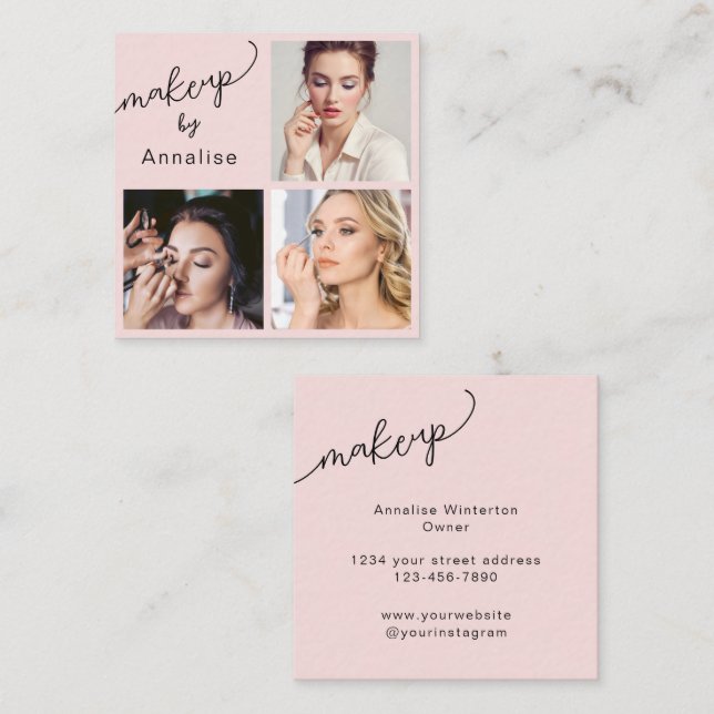 Elegant Blush Pink Black Script 3 Photo Makeup Fyrkantigt Visitkort (Fram/baksida)
