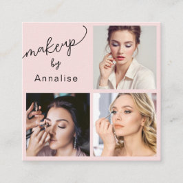 Elegant Blush Pink Black Script 3 Photo Makeup Fyrkantigt Visitkort