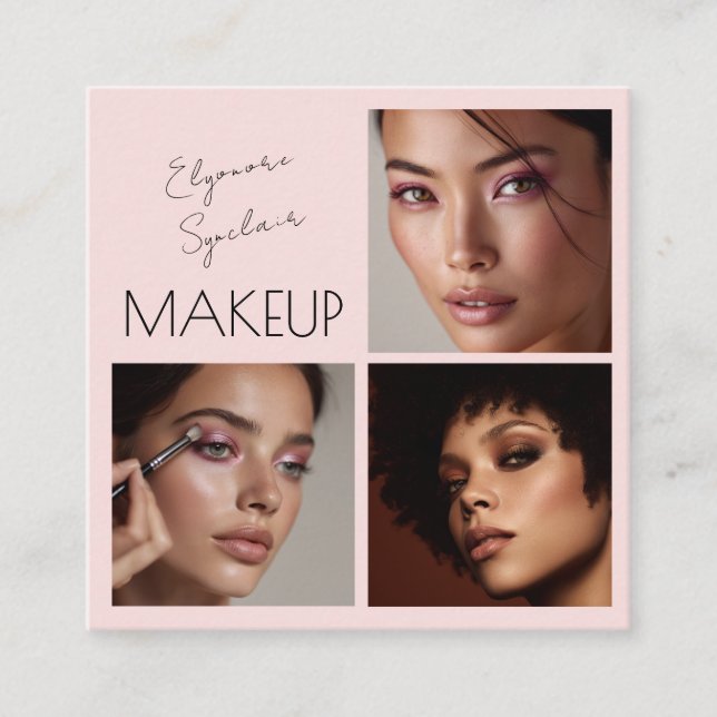 Elegant Blush Pink Black Script 3 Photo Makeup Fyrkantigt Visitkort (Framsida)