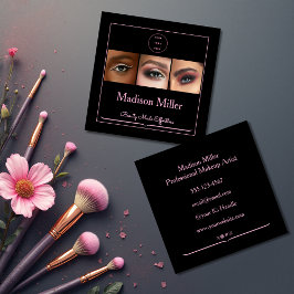Elegant Blush Pink Black Script 3 Photo Makeup Squ Fyrkantigt Visitkort