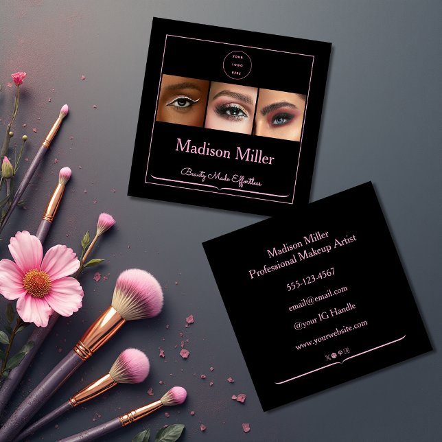 Elegant Blush Pink Black Script 3 Photo Makeup Squ Fyrkantigt Visitkort (Skapare uppladdad)