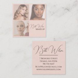 Elegant Blush Pink Black Script 3 Photo Makeup Squ Fyrkantigt Visitkort