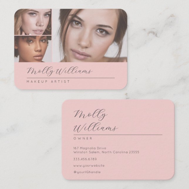 Elegant Blush Pink Black Script 3 Photo Makeup Visitkort (Fram/baksida)