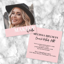 Elegant Blush Pink Black Script Photo Makeup Fyrkantigt Visitkort