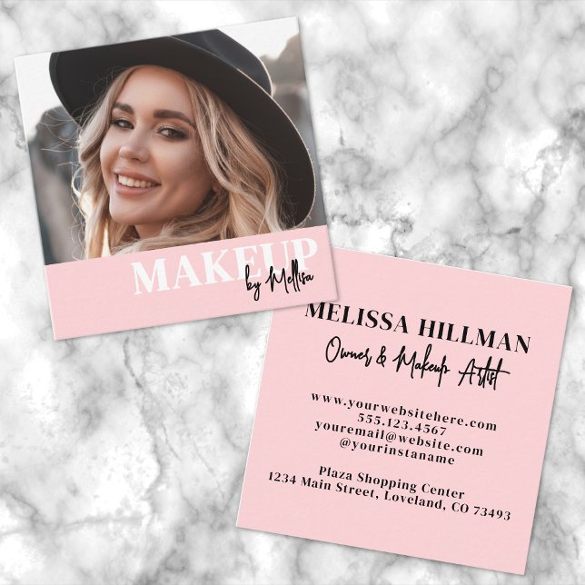 Elegant Blush Pink Black Script Photo Makeup Fyrkantigt Visitkort (Elegant Blush Pink Black Script Photo Makeup Square Business Card)