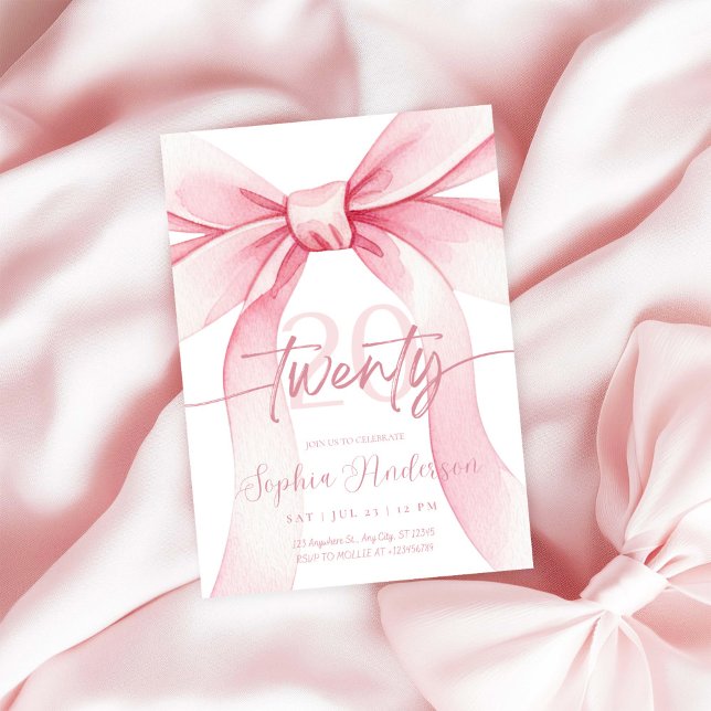 Elegant Blush Pink Bow 20th Birthday Inbjudningar (Skapare uppladdad)